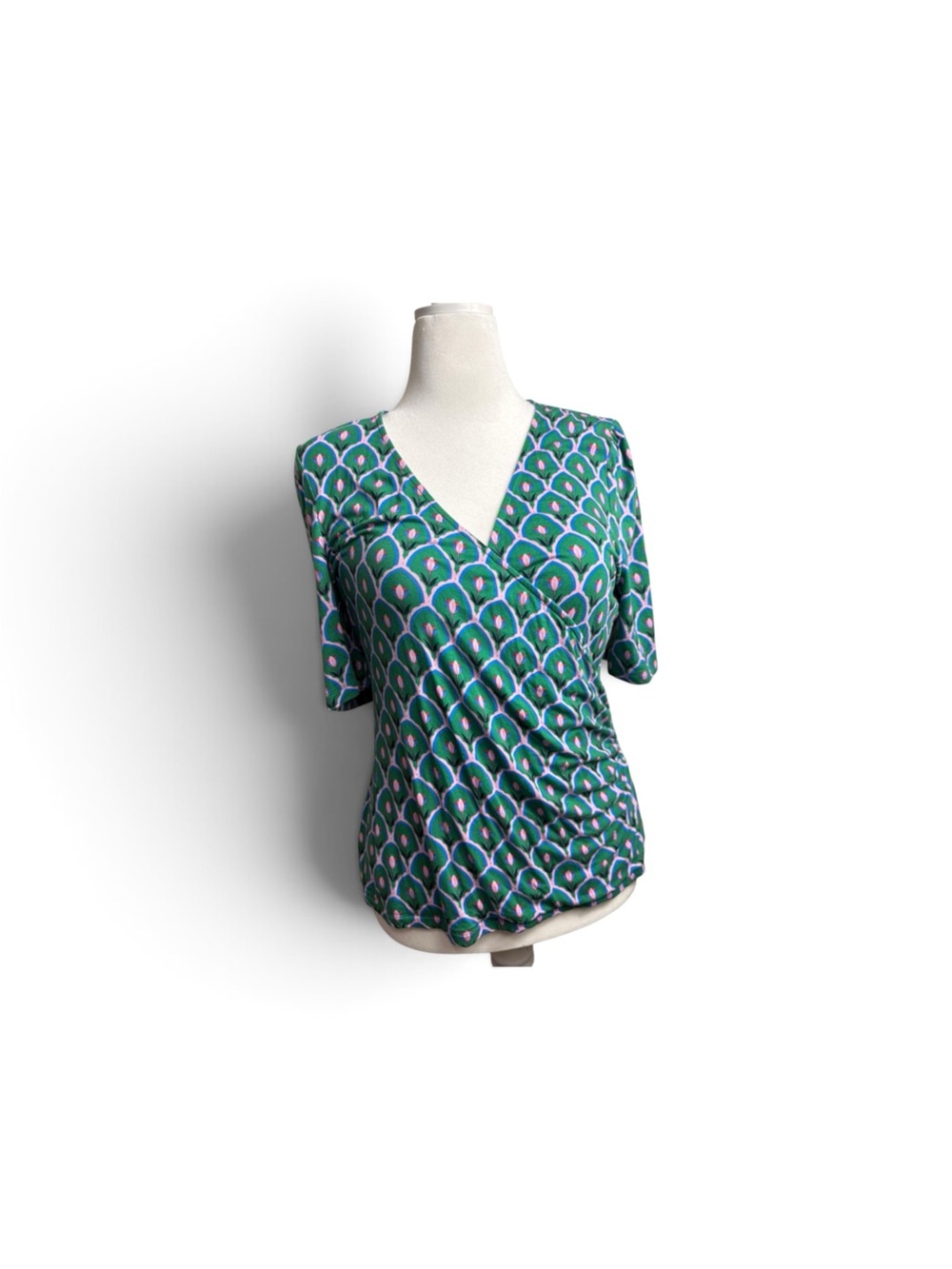 Boden Green Geometric V-Neck Wrap-Style Short Sleeve Top size 14